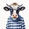 Funny Cow In Striped Shirt And Glasses: Playful Illustrations And Photorealistic Portraits