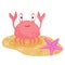 Funny crab on beach. Pink seashell with claws walks along coast. Cute children drawing. Sand with starfish