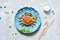 Funny crab on a plate. Pancake crab, children`s breakfast. Lunch to school