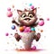 Funny crazy cartoon party cat with bright candies isolated over white background. Colorful joyful greeting card for birthday or