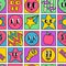 Funny crazy characters seamless squares mosaic pattern. Geometric psychedelic comic shapes with 50s retro cartoon faces