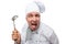 Funny crazy chef with a ladle shows tongue on a white