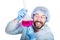 Funny crazy emotional chemist with flask. mad scientist in his laboratory experimenting on secret formulas.