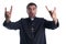 Funny crazy priest rock symbol with fingers