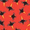 Funny crows seamless pattern. Funny little crow on an orange background.