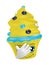 Funny cupcake emoticon that hits his hand in front of his head.