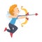 Funny Cupid Boy, Adorable Joyful Kid Angel Cherub in Casual Clothes Shooting with Bow and Arrow Cartoon Style Vector