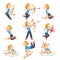 Funny Cupid Boy Set, Adorable Joyful Kid Angel Cherub in Casual Clothes Shooting with Bow Cartoon Style Vector