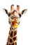 Funny curious giraffe eats lollipop on white background. Generative AI
