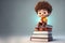 funny curly haired student boy sitting on books, international student day theme