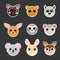 Funny cute animals head stickers. Cartoon characters. Flat vector stock illustration