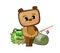 Funny cute baby Bear. He asks to take him fishing. Backpack m fishing rod. Naive animal child. Cartoon flat style