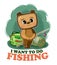 Funny cute baby Bear. He asks to take him fishing. Backpack m fishing rod. Naive animal child. Cartoon style