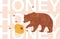 Funny cute baby bear with hive and bee, angry search honey to eat banner illustration with honey text, funny quote and animal