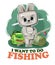 Funny cute baby Hare. He asks to take him fishing. Backpack m fishing rod. Naive animal child. Cartoon style