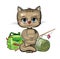 Funny cute baby Kitten. He asks to take him fishing. Backpack m fishing rod. Naive animal child. Cartoon flat style