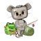 Funny cute baby Mouse. He asks to take him fishing. Backpack m fishing rod. Naive animal child. Cartoon flat style