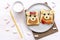 Funny cute bear,dog faces sandwich toast bread with peanut butter, banana, apple,milk, marshmallow. Kids childrens