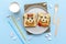 Funny cute bear,dog faces sandwich toast bread with peanut butter, banana, apple,milk, marshmallow. Kids childrens