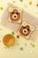 Funny cute bear faces sandwich toast bread with peanut butter, banana,nuts, juice,marshmallow. Kids childrens baby`s sweet desser