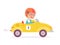 Funny cute boy in safety helmet driving speed toy yellow car and waving to fans vector illustration. Cartoon little male