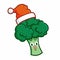 Funny and cute broccoli wearing Santa`s hat for christmas, and laughing happily