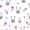 Funny cute bunny, heart, flowers seamless pattern drawn in cartoon style, simple images for St Valentine holiday decor