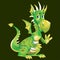 Funny cute cartoon green dragon greets with a paw. Character from a fairy tale or a legend. Vector illustration.