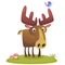 Funny cute cartoon moose character with a bird on its horn standing on the meadow background with a gras mushroom and flowers.