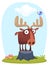 Funny cute cartoon moose character standing on the meadow background with a gras mushroom and flowers. Vector moose illustration