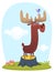Funny cute cartoon moose character standing on the meadow background with a gras mushroom and flowers. Vector moose illustration