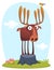 Funny cute cartoon moose character standing on the meadow background with a gras mushroom and flowers. Vector moose illustration