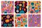 Funny cute comic stickers characters abstract seamless patterns. Cartoon cute doodle emoji vector background