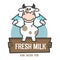 Funny Cute cow holds a milk. Healing natural dairy sign. Design for print, emblem, t-shirt, party decoration, sticker, logotype.