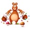 Funny, cute, crazy bear collects berries. Cartoon illustration.