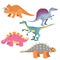 Funny cute dinosaurs set. Triceratops, Velociraptor, Ankylosaurus, Spinosaurus and Triceratops. Cartoon flat style.