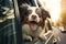 Funny cute dog peeking from car window while on the road. Puppy sitting in car ready for a vacation trip. Travelling with pets