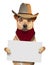 Funny cute dog wearing bandana e cowboy hat holding blank paper isolated on white