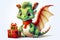 Funny cute dragon with christmas gifts