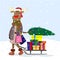A funny and cute elk comes with shopping and gifts for Christmas. Christmas tree and gifts on a sled.