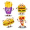 Funny, cute fast food hamburger, sandwich, pizza, french fries w