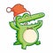 Funny and cute fat alligator smiling, dancing happily, and wearing Santa`s hat for christmas