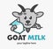 Funny Cute goat holds a milk. Healing natural dairy sign. Design for print, emblem, t-shirt, party decoration, sticker, logotype