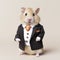 Funny cute hamster standing wearing formal suit and tie over light grey background. Realistic generative AI illustration