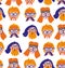 Funny cute hippies portraits. Vector  festival print. Seamless pattern design with hand drawn stylish faces