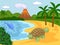 Funny cute ichthyosaurus and ankylosaurus on the background of a