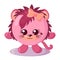 Funny cute kawaii lion girl with round body, hair bow and heart in flat design with shadows