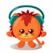 Funny cute kawaii lion with headphones and round body in flat design with shadows