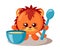 Funny cute kawaii lion with round body, spoon and bowl in flat design with shadows