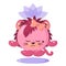 Funny cute kawaii meditating lioness with lotus flower over head and round body in flat design with shadows